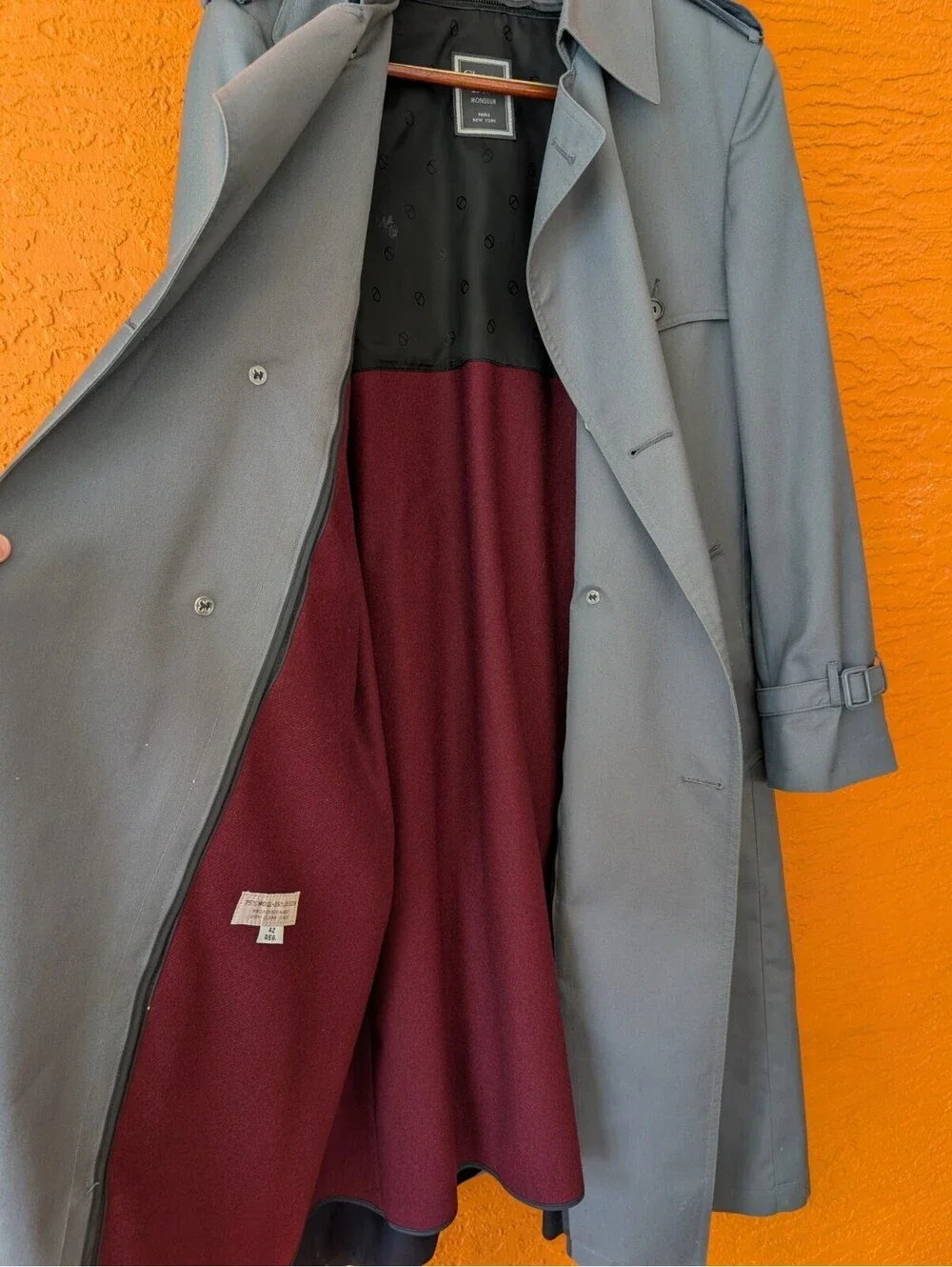 Vintage Christian Dior Monsieur Trench Coat Gray 42R Wool Liner Double Breasted